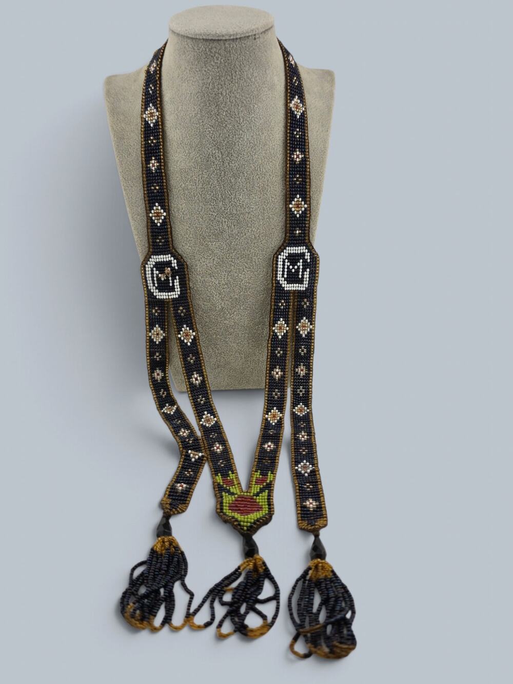 Vintage Hand Beaded Sash Necklace Initial CM Long Tassels Seed Beads 40"
